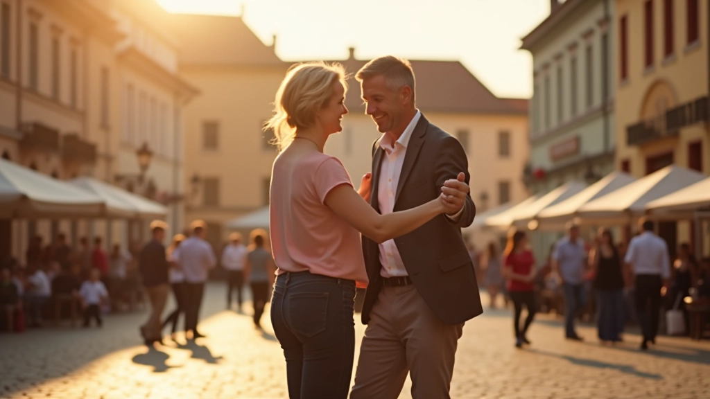 Historické centrum České Budějovice se starodávným divadlem a tančícími páry v tradičním outfitu