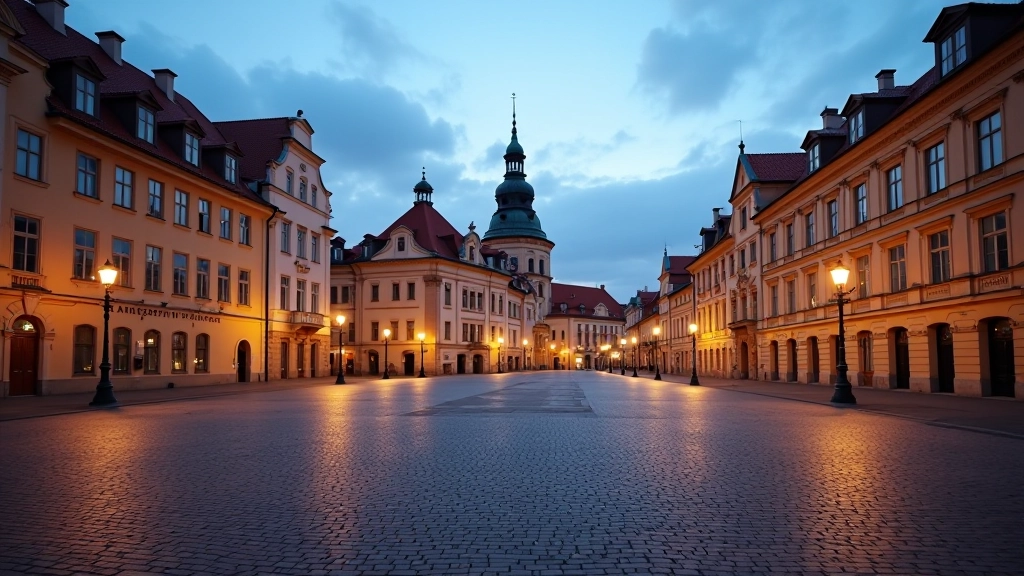 Večerní pohled na historické náměstí České Budějovice se starými budovami osvětlenými teplým světlem a párem v salsa pózici