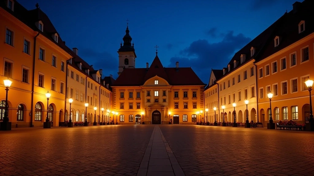 Noční pohled na osvětlené historické náměstí s tanečníky v letním oblečení, měsíc na obloze